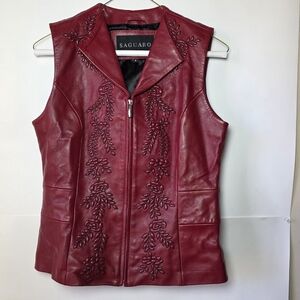 Saguaro Genuine Leather Vest Jacket Maroon Emboidered Women Size S